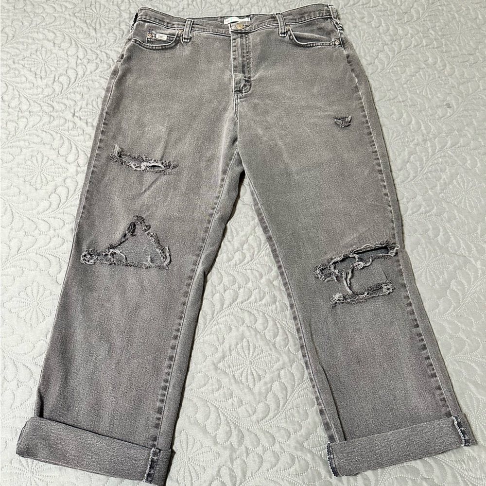 Lee Gray Straight Leg Jeans with Washed-Out Distressing